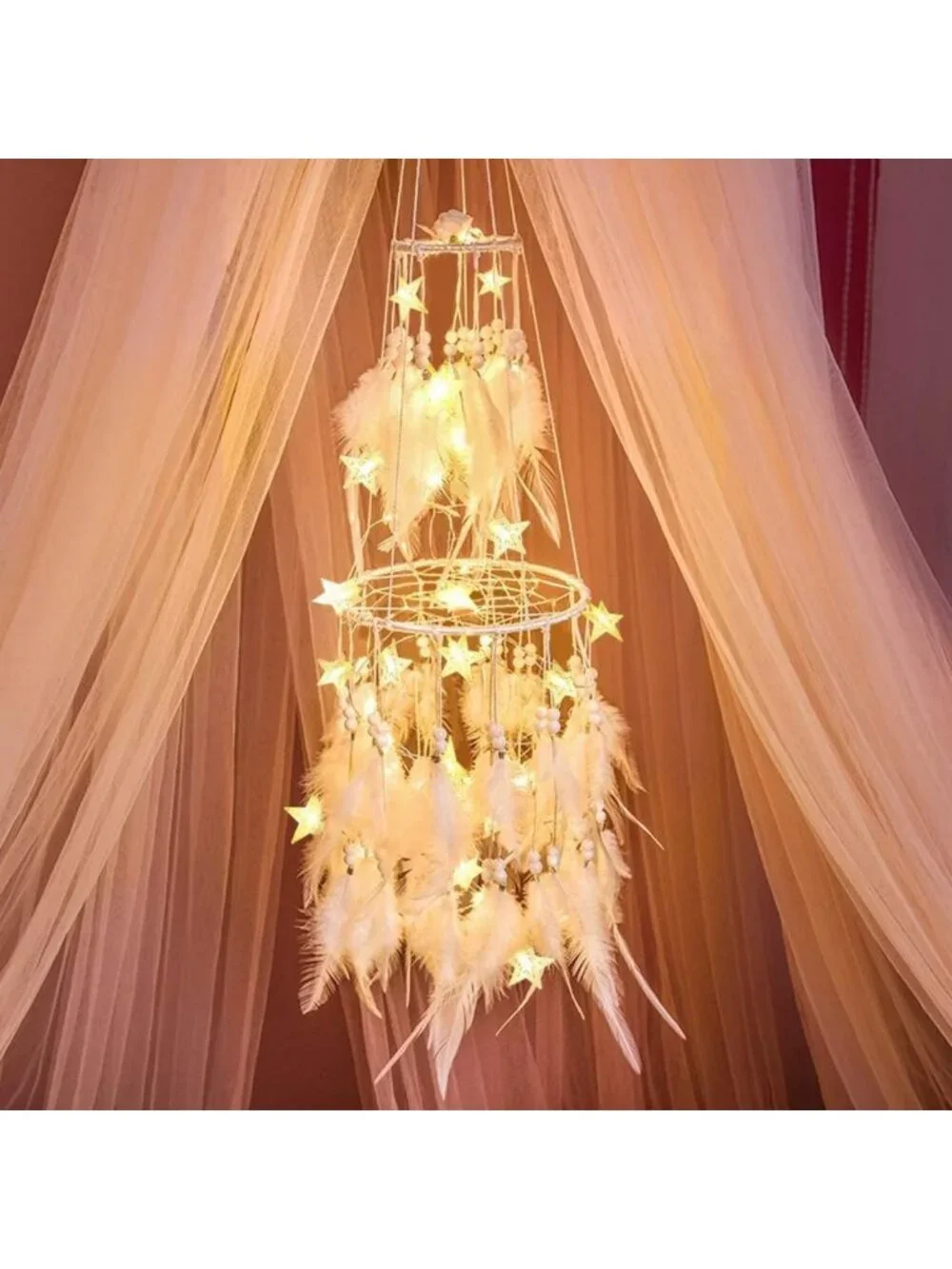 White Dream Catcher with LED Fairy Lights - Double Circle Boho Home Decor